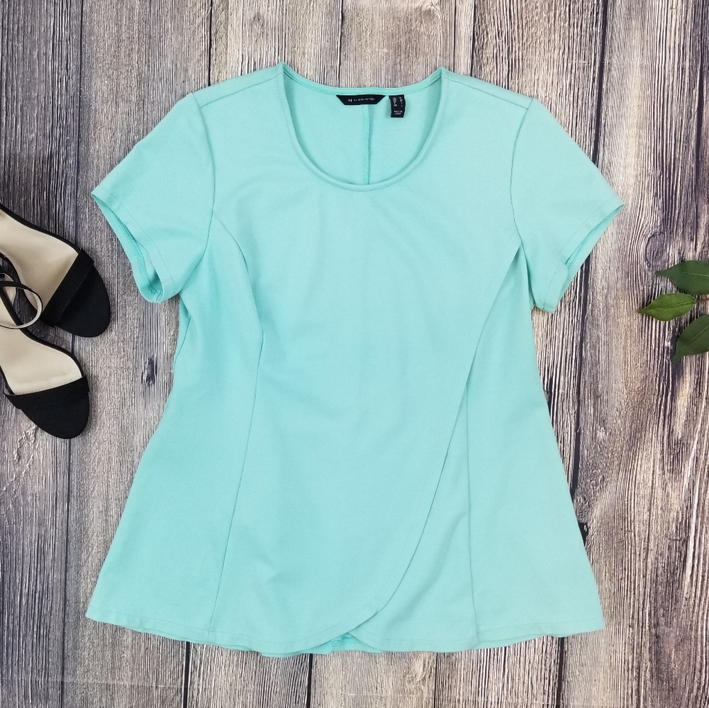 H by Halston Aqua Blue Faux Wrap Shirt